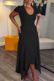 Black Elegant Solid Patchwork Flounce U Neck Irregular Dress Dresses