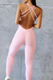 Rosafarbene, legere, sportliche, einfarbige, rückenfreie Skinny-Jumpsuits mit V-Ausschnitt