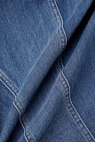 Light Blue Celebrities Solid Patchwork Pocket Buckle Buttons Cardigan Collar Long Sleeve Regular Denim Blazer Jacket