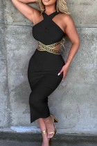 Schwarze, sexy, lässige Patchwork-Kleider mit ausgehöhltem V-Ausschnitt und ärmellosem Kleid