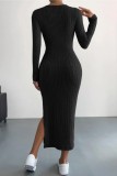 Black Casual Solid Slit O Neck Long Sleeve Dresses