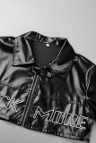 Black Casual Letter Cardigan Turndown Collar Outerwear