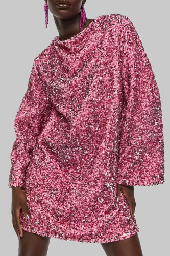 Robes droites roses élégantes à paillettes solides, patchwork, col rond
