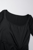 Black Casual Solid Draw String Frenulum Square Collar Long Sleeve Dresses