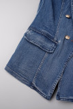 Light Blue Celebrities Solid Patchwork Pocket Buckle Buttons Cardigan Collar Long Sleeve Regular Denim Blazer Jacket