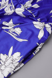 Blaue, lässige, bedruckte lange Kleider mit Frenulum und O-Ausschnitt