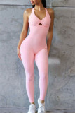 Roze casual sportkleding effen backless skinny jumpsuits met V-hals