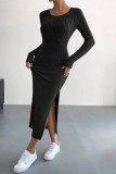 Black Casual Solid Slit O Neck Long Sleeve Dresses