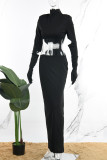 Vestido longo preto casual sólido vazado com fenda e gola alta