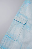 Prata Casual Patchwork Bolso Cintura Alta Jeans Regular