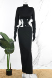 Vestido longo preto casual sólido vazado com fenda e gola alta