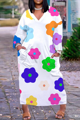 White Casual Print Basic V Neck Long Sleeve Dresses