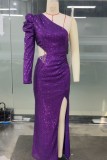 Purple Sexy Patchwork Sequins Backless Slit Oblique Collar Evening Dress Dresses