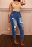 Jeans jeans regular cintura alta casual azul liso rasgado