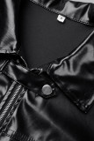 Black Casual Letter Cardigan Turndown Collar Outerwear