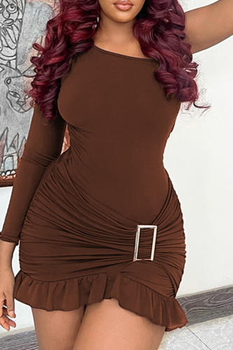 Dark Brown Sexy Casual Solid Backless Oblique Collar Long Dress Dresses