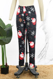 Pantalones negros con estampado informal de Papá Noel, ajustados, básicos, de cintura alta, con estampado completo convencional
