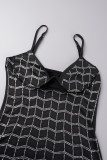 Schwarze sexy Patchwork-Kleider mit heißem Bohren, ausgehöhlt, rückenfrei, Spaghettiträger, Wickelrock