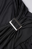 Черное сексуальное повседневное однотонное длинное платье с открытой спиной и косым воротником
