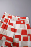 Orange Red Sweet Plaid Bandage Patchwork Asymmetrical Collar Sleeveless Two Pieces
