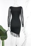 White Casual Solid Draw String Frenulum Square Collar Long Sleeve Dresses