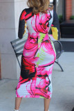 Rozerode sexy print patchwork O-hals bedrukte jurkjurken