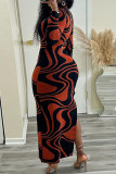 Rode casual print split coltrui lange jurk jurken