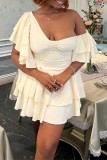 Witte sexy casual effen patchwork asymmetrische kraag onregelmatige jurk jurk met korte mouwen