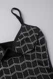Schwarze sexy Patchwork-Kleider mit heißem Bohren, ausgehöhlt, rückenfrei, Spaghettiträger, Wickelrock