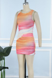 Orange Pink Casual Print Patchwork O Neck Sleeveless Dress Dresses