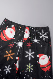 Calça Casual Preta Estampada Papai Noel Básica Skinny Cintura Alta Convencional Full Print