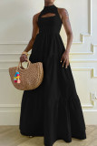Black Casual Solid Hollowed Out Patchwork Zipper O Neck A Line Dresses