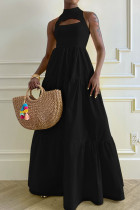 Zwarte casual effen uitgeholde patchwork-rits O-hals A-lijn jurken