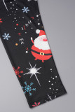 Pantalon noir décontracté à imprimé père Noël, slim, taille haute, conventionnel, imprimé complet