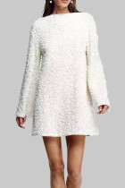 White Elegant Solid Sequins Patchwork O Neck Straight Dresses