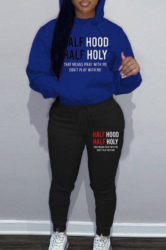 Blue Casual Letter Print Hooded Collar Long Sleeve Sweatshirt And Draw String Pocket Pants Sportwear Two Piece Jogger Set