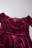 Бордовые повседневные однотонные платья больших размеров с открытой спиной и открытыми плечами с длинными рукавами