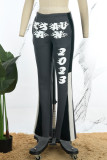 Graue, lässig bedruckte Patchwork-Hose mit normaler hoher Taille und konventionellem Positionsdruck