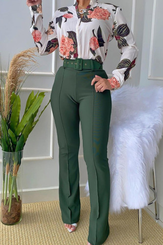 Army Green Elegant Print Patchwork Buckle With Belt Shirt Collar Long Sleeve Two Pieces