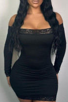 Black Sexy Solid Lace Patchwork Off the Shoulder Wrapped Skirt Dresses