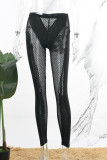 Black Sexy Solid Hollowed Out Patchwork See-through Skinny Mid Waist Conventional Solid Color Bottoms