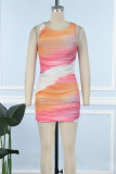 Orange Pink Casual Print Patchwork O Neck Sleeveless Dress Dresses
