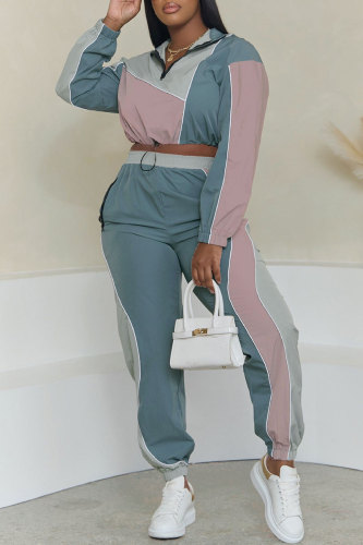 Dark Cyan Casual Patchwork Contrast Zipper Collar Long Sleeve Two Pieces
