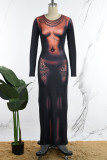 Black Casual Print Basic O Neck Long Dress Dresses