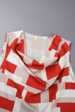 Orange Red Sweet Plaid Bandage Patchwork Asymmetrical Collar Sleeveless Two Pieces