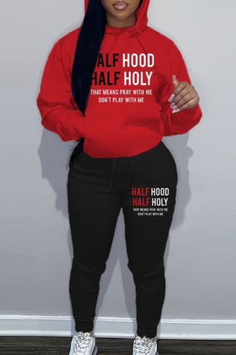 Red Casual Letter Print Hooded Collar Long Sleeve Sweatshirt And Draw String Pocket Pants Sportwear Two Piece Jogger Set