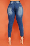 Jeans in denim regolari a vita alta strappati casual blu