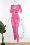 Pink Sexy Solid Hollowed Out Patchwork See-through O Neck Skinny Jumpsuits