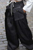 Black Street – pantalon de poche en Patchwork uni, boutons, fermeture éclair, ample, taille haute, jambes larges, bas de couleur unie