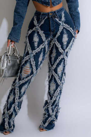 Blue Sexy Solid Ripped Patchwork Buttons Zipper High Waist Boot Cut Denim Jeans